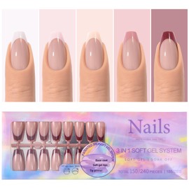 KADS 150Pcs French Tip Soft Gel Full Cover Nail Extension French Tip Press on Nails, Short Square Nail Tips Pink, Soft Gel Nails False Nail, Acrylic Fake Nails for Nail Art DIY (03)