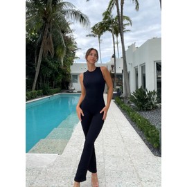 OQQ Women Yoga Jumpsuits Ribbed Crew Neck Sleeveless Bell Bottoms Flare Jumpsuits Black