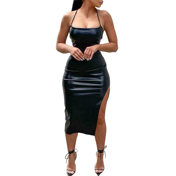 Women Faux Leather Dress Sleeveless Backless Bandage Bodycon Split Midi