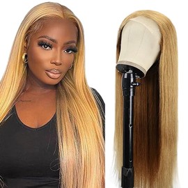 Lakaisa Human Hair Straight Human Hair Wig 4 x 1 Lace #27 Blonde Glueless Wear and Go Wig Women's Real Hair Pre Bleached Knots Pre Plucked with Baby Hair for Woman 28 Inches