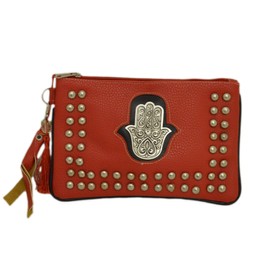 Moroccan Cosmetic Makeup Hand Of Fatima Faux Leather Clutch Pouch Purse Handmade Wrist-let Red