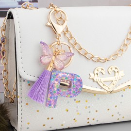 Suweibuke- Lindos llaveros rosas para mujeres y niñas, llaveros con letras iniciales y borlas, dijes para llaveros, carteras, bolsos y mochilas (letra P de mariposa morada)