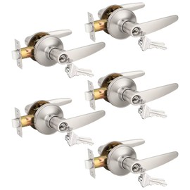 Probrico (5 Pack Keyed Entry Door Lever Lock for Exterior Door Handleset,(keyed Alike) Each with 3 Keys All Same Key in Satin Nickel Finish, Commercial or Residential Use