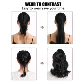 XFSRG 2 Pieces Ponytail Extensions Wavy Straight Long Ponytail Hairpiece Braid Hair Extension Synthetic Hair Extension for Women (Deep Black)