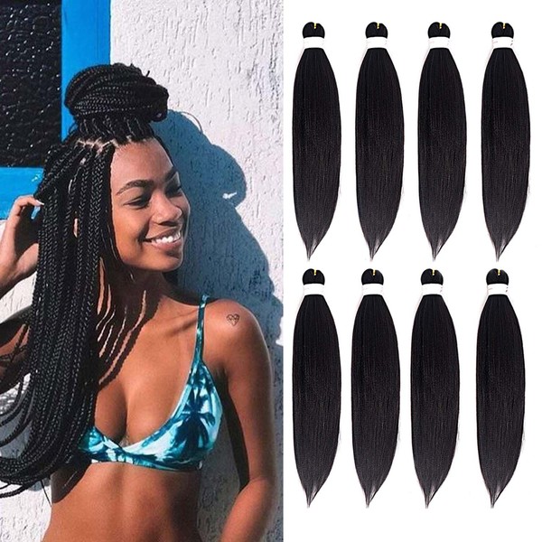 Pre-Stretched Braiding Hair Extensions Black 26" 8 Packs Synthetic Braiding Hair Crochet Braids Natural Hot Water Setting Professional Soft Yaki Straight Texture