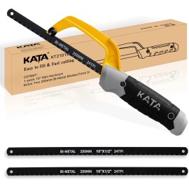 KATA Compact 10" Aluminum Frame Hacksaw with 2 Flexible Bi-Metal Blades for Wood & Me
