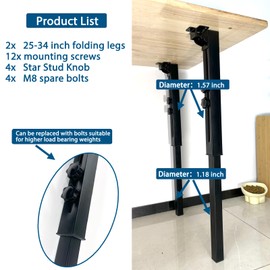 Benbuoo 25-34 inches Adjustable Height Folding Metal Table Legs - Heavy Duty, Foldable for Tabletops, Computer Table, DIY Desk, RV, Counter, Outdoor - Set of 2