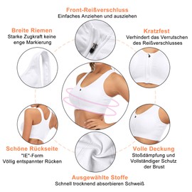 FXTYK Zip Front Sports Bra Post Surgery Bra Yoga Workout Fitness Activewear Racerback Padded Bras for Women, White, XXL