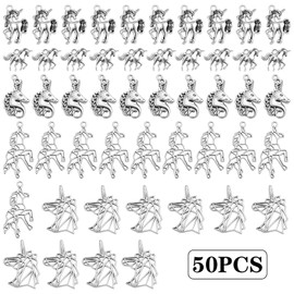 JMKTOOL 50pcs Antique Silver Mixed Unicorn Charms Vintage Alloy Lovely Animal Unicorn Shape Dangle Pendants for DIY Bracelet Necklace Jewelry Making Findings, 5 Styles