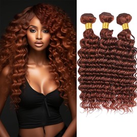 Copper Red Brown Deep Curly Bundles Human Hair Reddish Brown Bundles Brazilian Human Hair Auburn Loose Deep Wave Bundles Remy Hair Wet and Wavy Bundles Silky and Soft 12 14 16 inch 3 Bundles