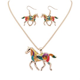 Running Horse Earrings and Necklace for Women Girls Colorful Enamel Kentucky Derby Lucky Horse Pendant Necklace Dangle Earrings Kentucky Derby Jewelry Set Costume Accessories Outfit Party Gifts,