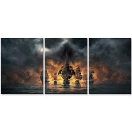 TutuBeer 3 Panel Pirate Ship Decor Canvas Print, Ready to Hang 12"x16" Pirate Canvas Pirate Canvas Art Pirate Pictures for Home Decor Sailboat Wall Art Seascape The Pictures for Home Decor Decoration