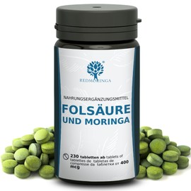 RedMoringa® - Folic Acid Supplement | 230 Vegan Tablets with 400 mcg Folate and Organic Moringa | Vitamin B9 for Pregnancy | Folic Acid | Gluten Free | Made in Italy
