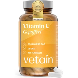 VETAIN Vitamin C Buffered 500 mg – 365 Vegan Capsules – Acid-free Calcium – pH Neutral, Gentle on the Stomach & High Dose – Produced & Laboratory Tested in Germany