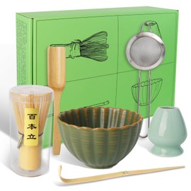 hzuisst Matcha Whisk Set, 6Pcs Matcha Set with 100-Tine Bamboo Matcha Whisk, 17.6oz Ceramic Matcha Bowl, Scoop, Spoon, Whisk Holder, Sifter, Matcha Kit Tea Ceremony Accessory for Making Matcha
