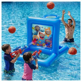 Pool Toys Games for Kids&Adults, 2-in-1 Pool Basketball Hoop with Shooting Target Game & with 2 Blasters, 40 Foam Balls, 4 Basketballs, Summer Outdoor Water Toys, Pool Party Lawn Backyard Games-Blue