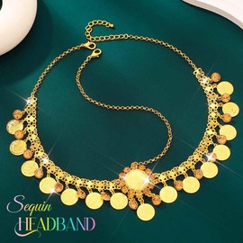 Catery Gold Coins Head Chain Jewelry Gypsy Headpiece Boho Sequin Cotusme Accessories for Women (Large Coin)