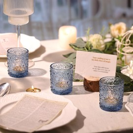 Blue Votive Candle Holder Set of 12, Flower Tea Lights Candles Holders for Wedding Table Centerpieces, Birthday Parties, Home Decor, Blue Bridal Shower and Holiday Decorations