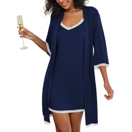 Ekouaer Women's Nightgown and Robe Set 3/4 Sleeves Robes 2 Piece Bathrobe Set V-neck Lace Cami Sleepwear with Pockets Navy Blue X-Large