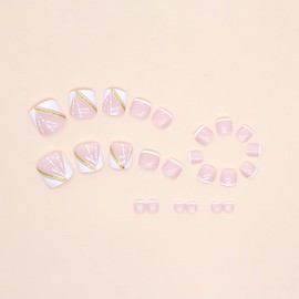 Press on Toenails with Line Designs, Square Full Cover Glossy Reusable False Toe Nails with Glue, Natural Coffin Artificial Acrylic Pink Fake Nails Glue on Toenails Short, Stick on Toe Nails for Women