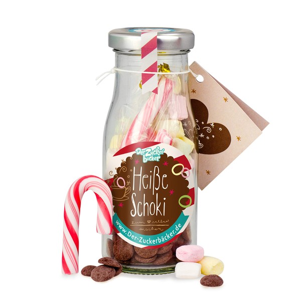 DIY Hot Chocolate, Sweet Drinking Chocolate in Glass with 45 g Chocolate Drops, Mini Marshmallows and a Candy Cane, Warm Cocoa