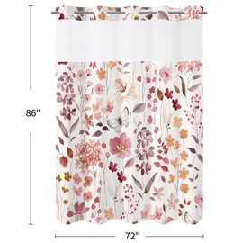 Litabel Extra Long No Hook Burgundy Watercolor Floral Shower Curtain, Red Hookless Shower Curtains with Flower Plant Leaves for Farmhouse Bathroom Decor, Modern Botanical Bathroom Curtain 72x86 Inch