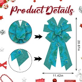 Large Christmas Wreath Bows Christmas Decor Bows Glitter Peacock Green Feather Ribbon Bows for Wreath, Xmas Tree Topper Bows for New Year Party Decoration Home Indoor Outdoor Wreath Ornament Supplies