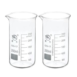 PATIKIL 250ml Tall Form Glass Beaker, 2 Pack 3.3 Borosilicate Glass Graduated Printed Scale Measuring Cups with Spout for Kitchen Lab Liquids Transit Boiling