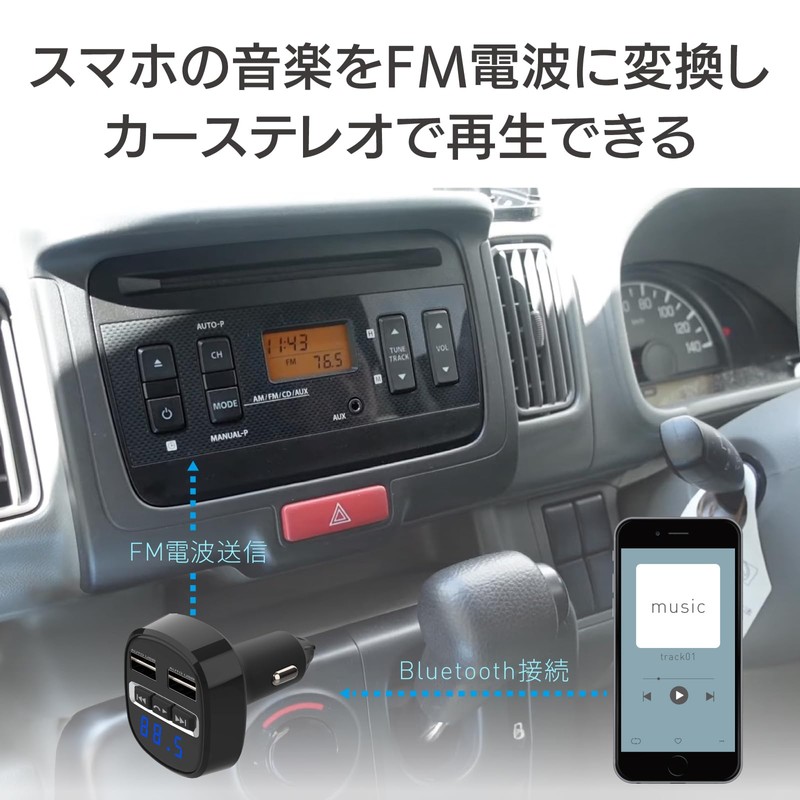 Kashimura NKD-219 Bluetooth FM Transmitter, Full Band, USB 2 Ports
