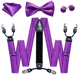 Barry.Wang Suspenders and Bow Tie Set for Men Solid Paisley Bowtie Y Shape Brace Handkerchief Cufflinks 6 Strong Clips, Pure Bright Purple, One Size