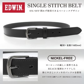 Edwin 0111175 Men's Belt, 1.2 inches (30 mm), 45.7 inches (116 cm), Simple Cow Split Leather, Stitched, Nickel Free, 22269279, Black