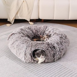 RYpetmia Plush Cat Tunnel Bed for Indoor Cats with Soft Cushion, Multi-Shape Play Cave with Hanging Balls, Large and Foldable Cat Donut Tunnel for Small and Large Pets (Brown)