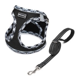 Mercano Soft Mesh Dog Harness and Leash Set, No-Chock Step-in Reflective Breathable Lightweight Escape Proof Vest Harnesses with Safety Buckle for Small Dogs, Cats (Black White, M)