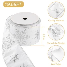 19.68ft Snowflake Glitter Wired Ribbon Christmas Satin Ribbon with Silver Glitter Snowflake Ribbon for Christmas Gift Wrapping Wreath Tree DIY Crafts Home Decoration