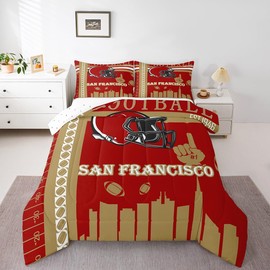 Feelyou Football Bedding Set Boys Girls San Francisco Comforter Set King Size American Football Gifts for Football Fans Women Men Football City Comforter Rugby Sports Duvet Set Brown Red Room Decor