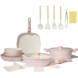 BECIGAR 23pcs Ceramic Pots and Pans Set, Nonstick Detachable Handle Cookware, Induction Kitchen Cooking Set with Removable Handle,include Frying Pans & Saucepans Oven Safe(Pink)