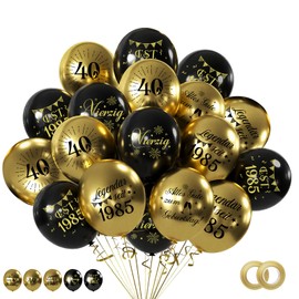WenmthG Pack of 30 Balloons 40th Birthday Decoration - 40th Birthday Men - 5 Different German Text Motifs, 6 Pieces Each - Diameter 27 cm - Black Gold
