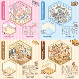 Wnqou 4 Sets DIY 3D House Stickers, 3D Scene Stickers Miniature Simulated Cabin Scene Stickers, Cute Cartoon Scenery Stickers for Adults and Kids, Fun Clothing Store Bakery Cottage Stickers for Girls