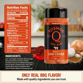 Kosmos Q Cow Cover HOT BBQ Rub, Savory & Spicy Meat Seasoning with Chili Pepper, Garlic, Onion, Paprika & Hickory Smoke, Steak Rub and Dry Rub for Brisket, Burgers, Ribs & More, 10.5 Oz Shaker Bottle