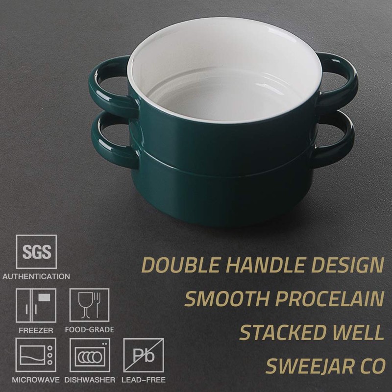 Sweejar Ceramic Soup Bowls with Double Handles, 20 Oz Stacked