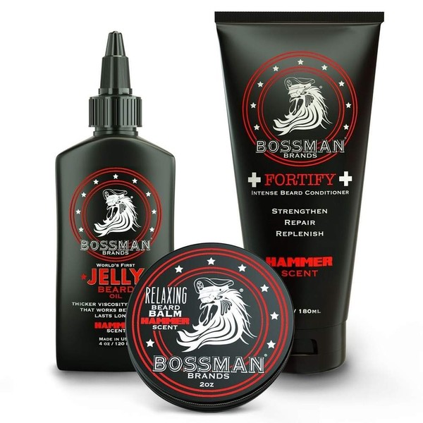 Bossman Essentials Beard Kit - Made in USA - Jelly Beard Oil - Conditioner - Beard Balm - Natural Ingredients (Hammer Scent)