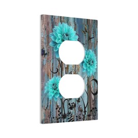 Rustic Farmhouse Floral 1 Gang Outlet Covers Duplex Receptacle WallPlate Decorative Teal Daisy Flowers Butterfly Old Wooden Board Country Electrical Faceplate Switchplates Turquoise Blue Bedroom Decor