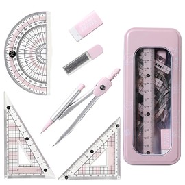 7Piece Maths Set, Compass Maths for Secondary School, Maths Sets - Protractor and Compass Set for Students' Mathematics Teaching and Learning Drawing Geometric Figures Kids Stationery Gifts - Pink