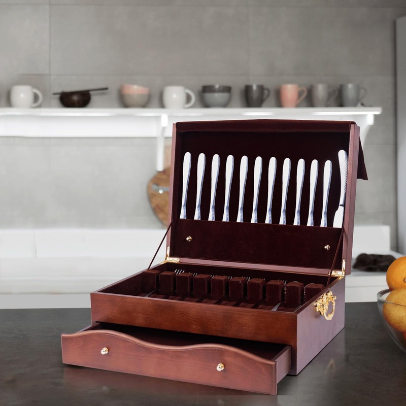 Silverware Storage Box,2 Layers Wooden Silverware Chest with Drawer,Silverware Case