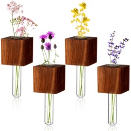 Kingdder 4 Pcs Test Tube Vase Fridge Decor Beechwood Fridge Plant Propagation Station, Mini Glass Refrigerator Vase, Cube Bud Glass for Home Decoration, Flower Display(Black Walnut Color)