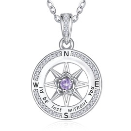Zeuslia S925 Silver Compass Necklace for Women, Without You Would Be Lost Jewellery, Mum Birthday Graduation Anniversary Gift, Girlfriend Daughter Necklace with Birthstone Pendant, Sterling Silver