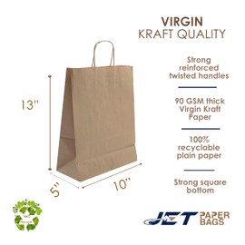 JET PAPER BAGS - 10”x5”x13” Inch [25 Pcs] Brown Paper Bags with Handles Prime for Takeout, Grocery, Goody, Retail, Party, Gifts, Weddings - Recyclable Kraft Paper Gift Bags with Handles