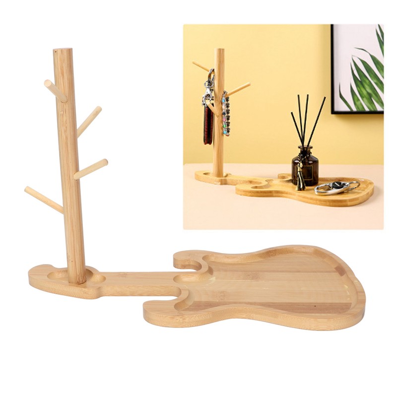 Key Storage Tray Wood Modern Guitar Shaped Base Jewelry Key