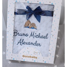 BotoBaby Baby Blanket Double Layer Blanket - Embroidered with Name & Date - Gift Box - Cuddly Blanket 75 x 100 cm | Perfect for Birth & Christening (75 x 100 cm, Blue - Stars + Gift Box)