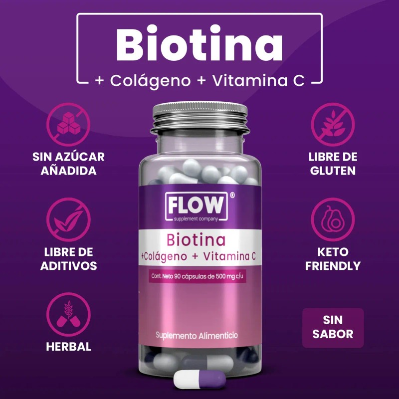 Biotina Colágeno Vitamina C 90 Cápsulas Flow Sin sabor